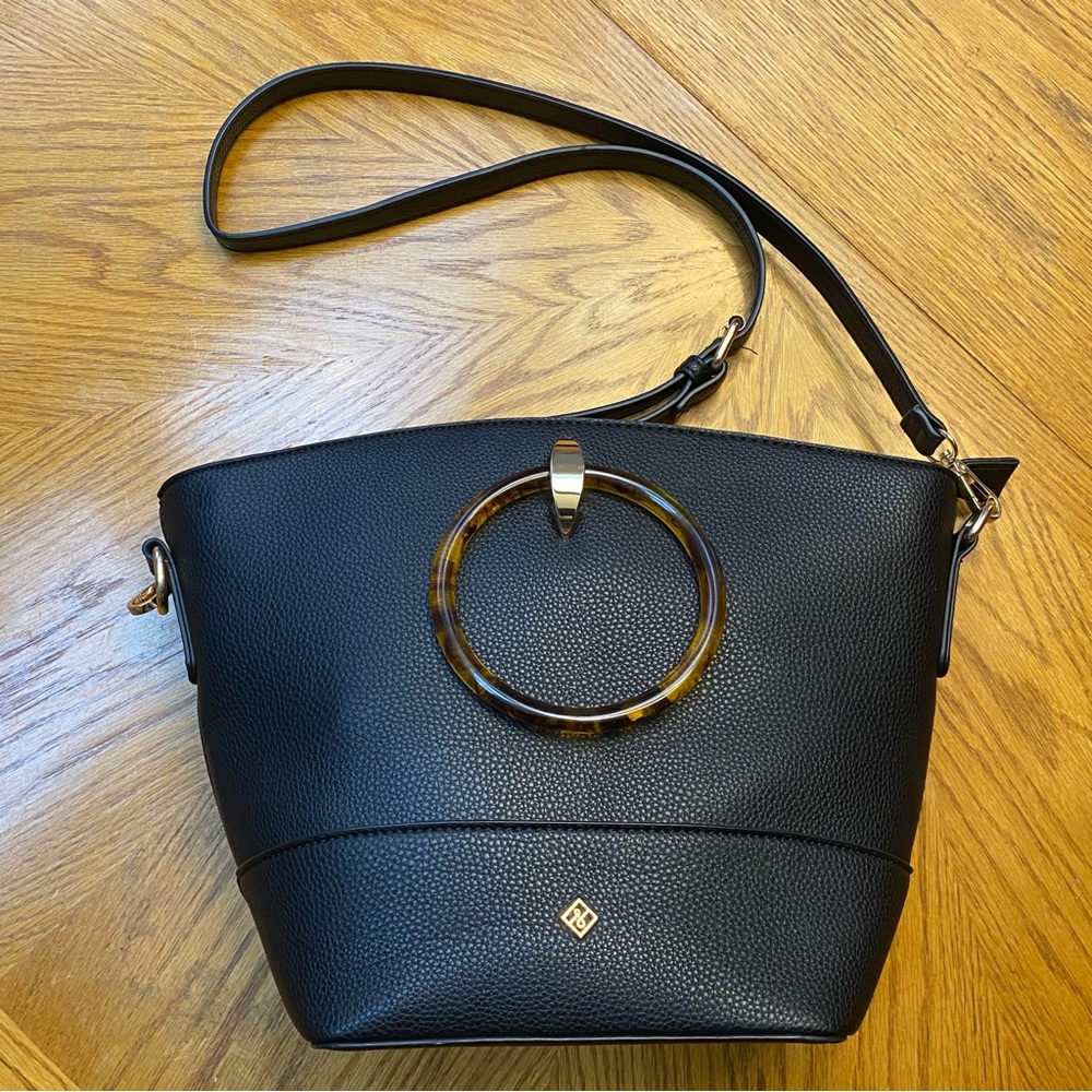 Call it Spring Elegant Black Crossbody Bag with Gold Accent and Hoop Handles